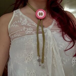 Pink Button Pendant Necklace/Bolo tie with Whimsical Charms